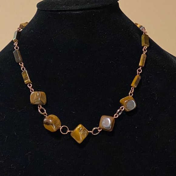 Rustic Natural Tigers Eye Necklace, Genuine Gemstone + Copper Chain - Picture 2 of 13